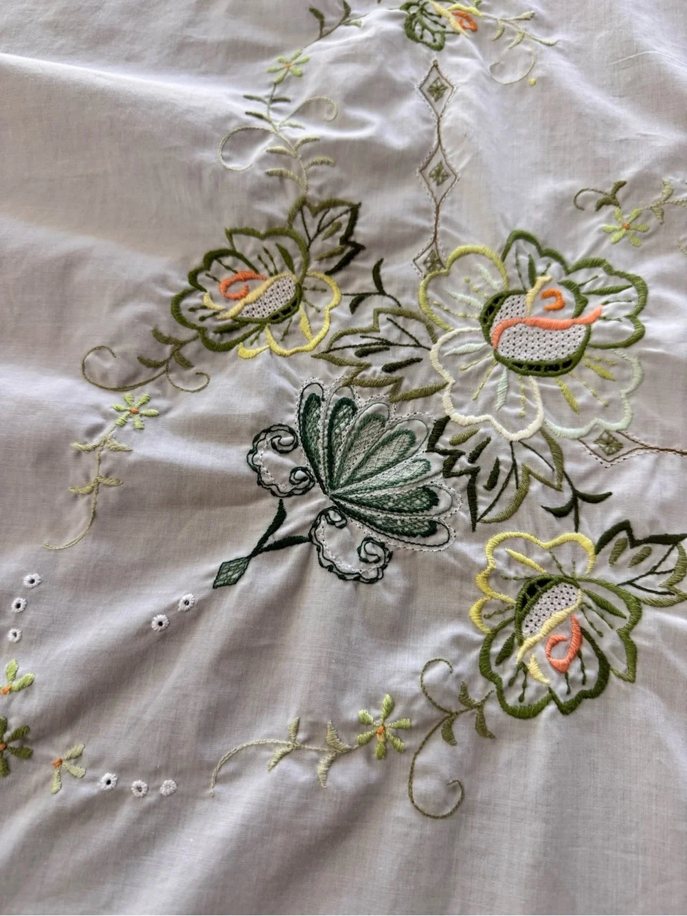 Vintage Style Embroidered Tablecloth 82x64 Off White Floral Cottagecore Linen